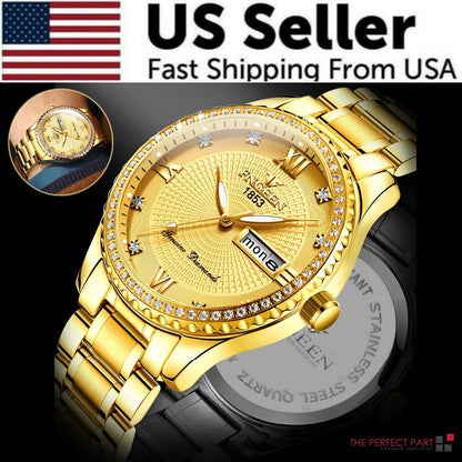 Waterproof Gold Men'S Watch Classic Stainless Steel Quartz Analog Business Gift