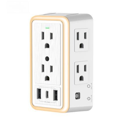 Wall-Mounted 6-Outlet USB Socket with LED Night Light and Surge Protection
