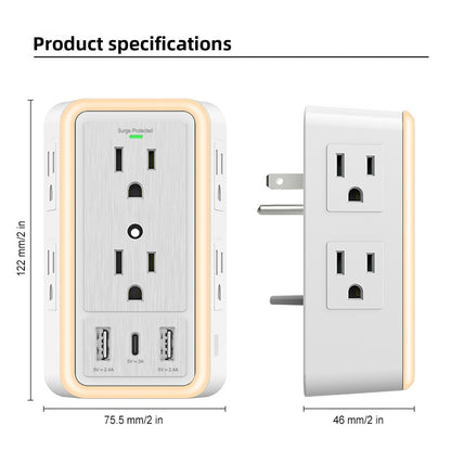 Wall-Mounted 6-Outlet USB Socket with LED Night Light and Surge Protection