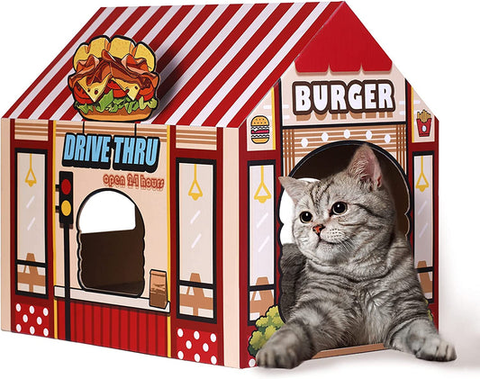 Cardboard Cat House with Scratching Pad and Catnip - 16.5'' x 12'' x 15'' Burger Shop Design for Indoor/Outdoor Cats, Ideal Playhouse and Home Decor, Also Suitable for Small Animals and Bunnies