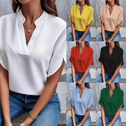 Casual Solid Color V-neck Loose Shirt Top Women