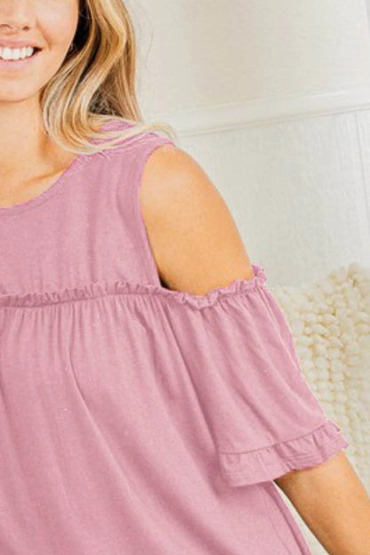 Heimish Full Size Frill round Neck Cold Shoulder T-Shirt plus Size