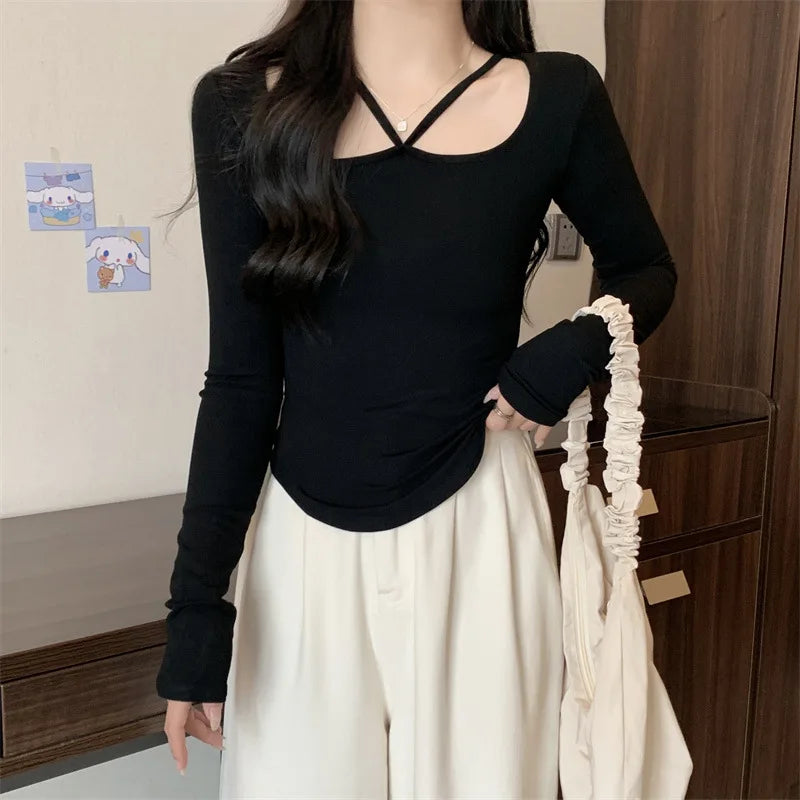 New Winter Sexy Black T-shirt Women Kpop Japanese Y2K Vintage Tee Shirt Woman Autumn Skinny Korean Fashion White Clothes Tops