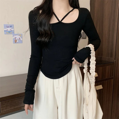 New Winter Sexy Black T-shirt Women Kpop Japanese Y2K Vintage Tee Shirt Woman Autumn Skinny Korean Fashion White Clothes Tops
