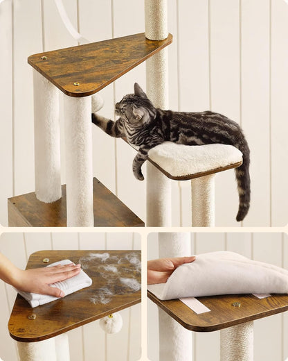 Woodywonders 65-Inch Modern Cat Tower - Multi-Level Indoor Cat Condo with 5 Scratching Posts, Perch, and Washable Removable Cushions in Rustic Brown