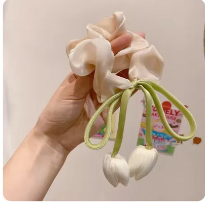 Cuerda para el pelo de tulipán rosa para niña, diadema atada a mano, lazo, borlas de flores, accesorios para el cabello, dulce,