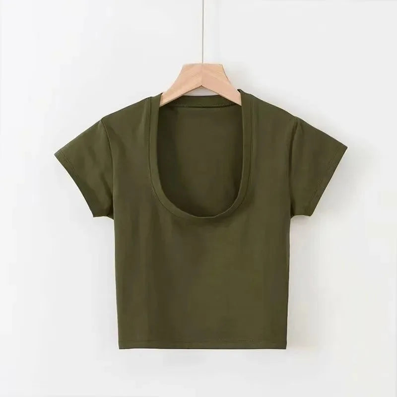 Summer Slim T-Shirt Women Sexy Short Sleeve T Shirt U-Neck Gray Tee Female Solid Basic Black/White Korean Crop Tops